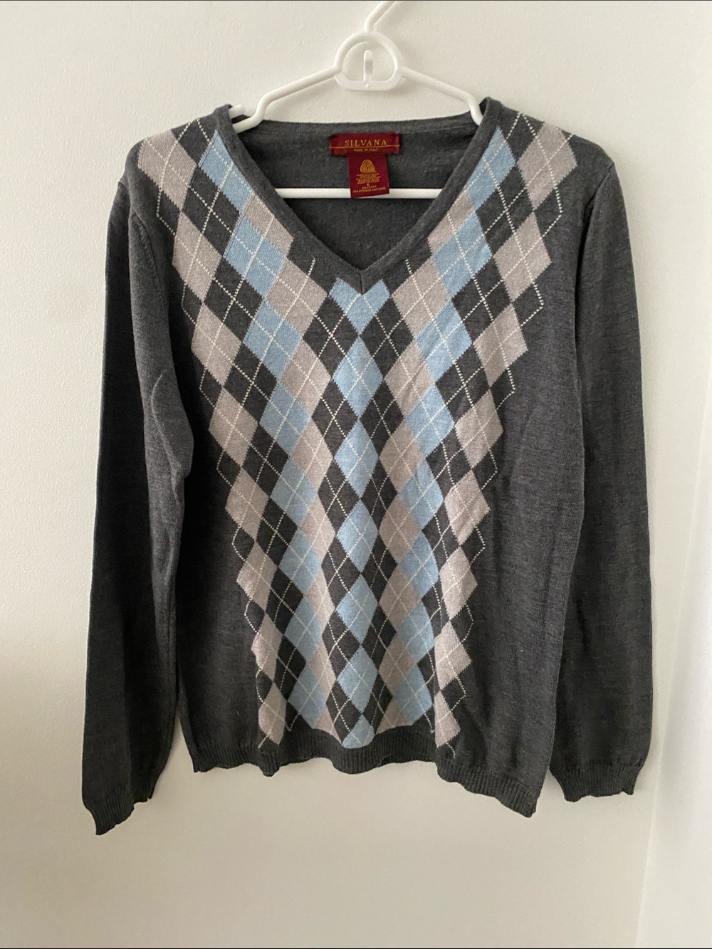 Silvana Charcoal V-Neck Argyle Sweater-made in Italy